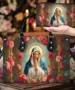 Lady of Lourdes PU Leather Handbag – Elegant Virgin Mary Bags with Red Roses, Religious Catholic Purse for Women QFTD5180302