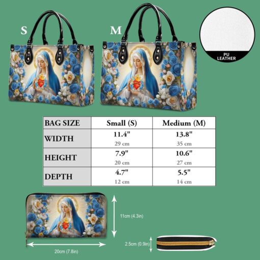 Sacred Heart Virgin Mary Pu Leather Handbag - Blue Rose Floral Religious Bags, Christian Faith Gift for Women QFTD5180301 - Image 7