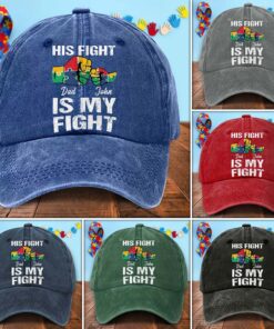 Custom His Fighting Is My Fight Autism Awareness Washed Denim Print Cap, Gift for Autism Dad, Autism Family Gift, Autism Awareness Gift UKHA5260301