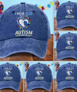 Custom Autism Awareness I Wear Blue For Autism Washed Denim Print Cap UKHA5260302