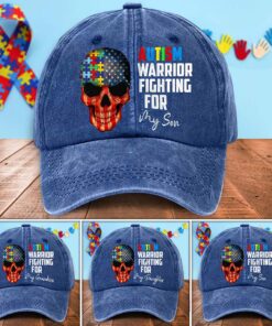 Custom Autism Warrior Fighting for My Son Washed Denim Print Cap, Gift for Autism Dad, Autism Family Gift, Autism Awareness Gift UKHA5260303