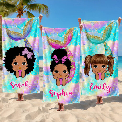 Personalized Afro Mermaid Beach Towel For Kids QFND5240402