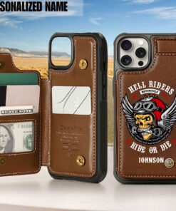 Personalized Motorcycle Leather Flip Wallet Phone Case, Gift For Biker UKND5260405