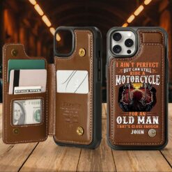 Personalized Motorcycle Leather Flip Wallet Phone Case, Gift For Biker UKND5260406