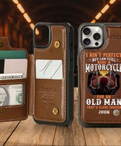 Personalized Motorcycle Leather Flip Wallet Phone Case, Gift For Biker UKND5260406