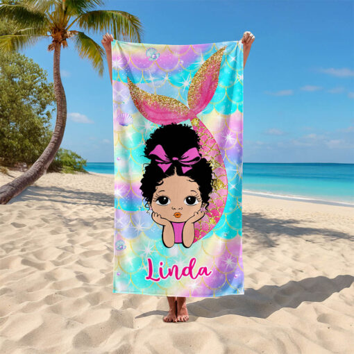 Personalized Afro Mermaid Beach Towel For Kids QFND5240402 - Image 2