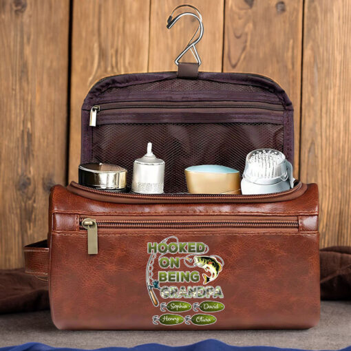 Personalized Hooked On Being Grandpa Papa Fishing Distressed Toiletry Bag, Father's Day Gift For Grandpa, Dad QFHH5020503 - Image 2
