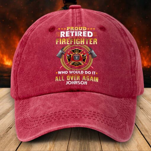 Personalized Distressed Washed Cotton Firefighter Printed Hat, Gift For Fireman, Retired Firefighter Gift UKHM5070504 - Image 2