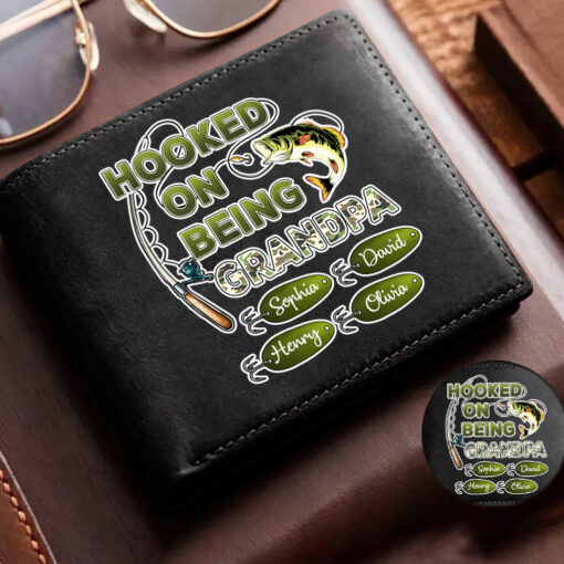 Personalized Hooked On Being Grandpa Papa Fishing Distressed Washed Wallet, Father's Day Gift For Grandpa, Dad QFHH5020502 - Image 2