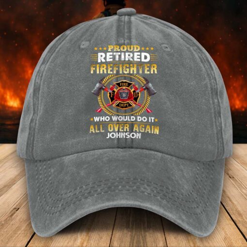 Personalized Distressed Washed Cotton Firefighter Printed Hat, Gift For Fireman, Retired Firefighter Gift UKHM5070504 - Image 4