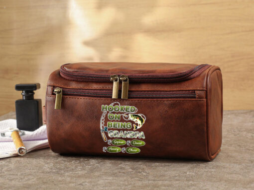 Personalized Hooked On Being Grandpa Papa Fishing Distressed Toiletry Bag, Father's Day Gift For Grandpa, Dad QFHH5020503