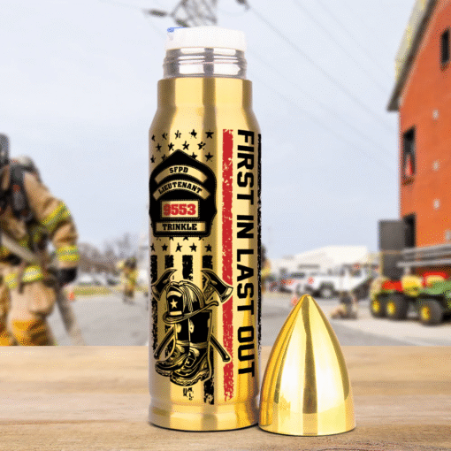 Custom Firefighter Bullet Tumbler, First In Last Out, Personalized Fire Dept Badge, Flask Gift for Firefighter MQNT5160501 - Image 3