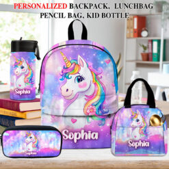 Personalized Unicorn Backpack, Lunch Bag, Pencil Pouch, Back to School Gifts, Custom book bag, Name on School Bag for girls, Gifts for Kids QFND5020601-DX