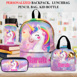 Personalized Unicorn Backpack, Lunch Bag, Pencil Pouch, Back to School Gifts, Custom book bag, Name on School Bag for girls, Gifts for Kids QFND5300503-DX