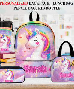 Personalized Unicorn Backpack, Lunch Bag, Pencil Pouch, Back to School Gifts, Custom book bag, Name on School Bag for girls, Gifts for Kids QFND5300503-DX