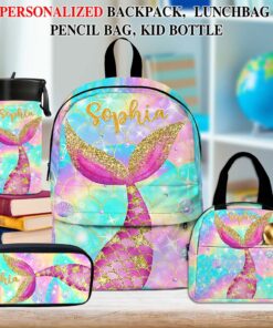 Personalized Mermaid Backpack, Lunch Bag, Pencil Pouch, Back to School Gifts, Custom book bag, Name on School Bag for girls, Gifts for Kids  QFND5120604-DX