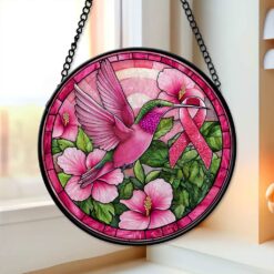 Hummingbird Ribbon Breast Cancer Awareness Faux Stained Glass Suncatcher QFPY4271205