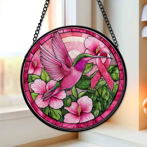 Hummingbird Ribbon Breast Cancer Awareness Faux Stained Glass Suncatcher QFPY4271205