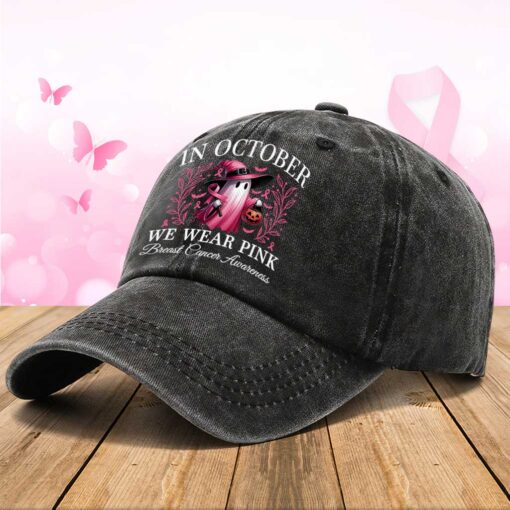 In October We Wear Pink Halloween Ghost Breast Cancer Awareness Demin Hat QFTZ5210601 - Image 4