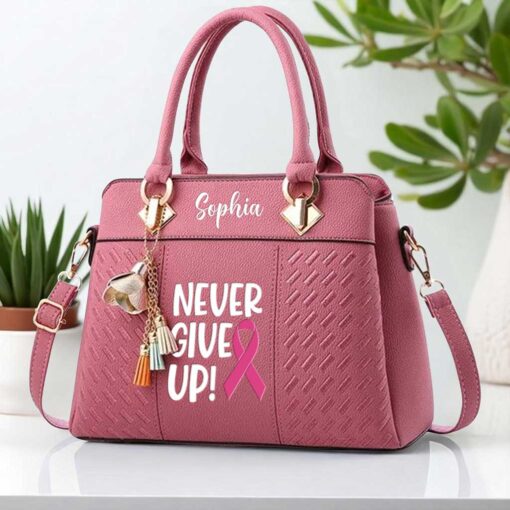 Personalized Breast Cancer PU Leather Deluxe Handbag, Never Give Up Elegant Breast Cancer Handbag NPND5190604 - Image 7