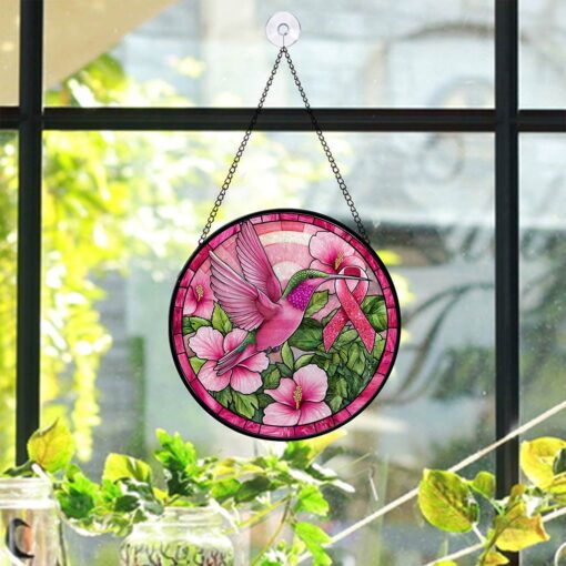 Hummingbird Ribbon Breast Cancer Awareness Faux Stained Glass Suncatcher QFPY4271205 - Image 2
