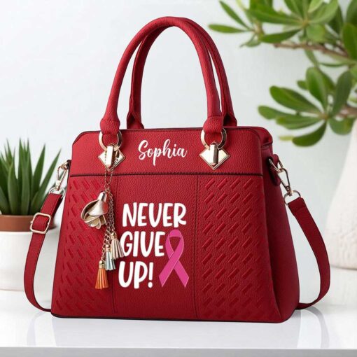 Personalized Breast Cancer PU Leather Deluxe Handbag, Never Give Up Elegant Breast Cancer Handbag NPND5190604 - Image 6