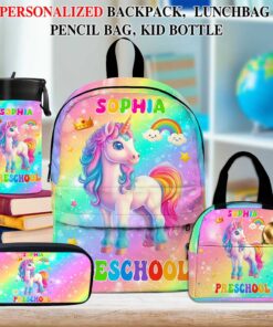 Personalized Unicorn Preschool Backpack, Custom Name Girls School Bag, Rainbow Pink Toddler Backpack, Back To School Gift For Kids MQND5210602-DX