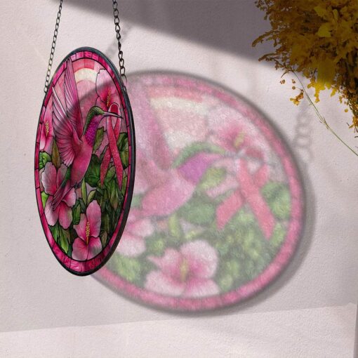 Hummingbird Ribbon Breast Cancer Awareness Faux Stained Glass Suncatcher QFPY4271205 - Image 3
