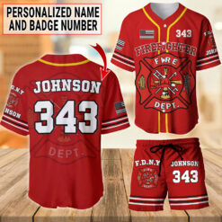 Personalized Firefighter Uniform Set, Custom Name Red T-Shirt + Baseball Jersey + Shorts MQTZ5040602