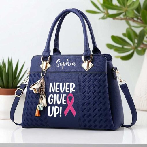 Personalized Breast Cancer PU Leather Deluxe Handbag, Never Give Up Elegant Breast Cancer Handbag NPND5190604 - Image 5