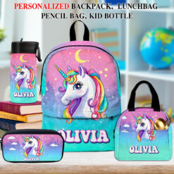 Personalized Unicorn Backpack, Lunch Bag, Pencil Pouch, Back to School Gifts, Custom book bag, Name on School Bag for girls, Gifts for Kids QFND5300502-DX