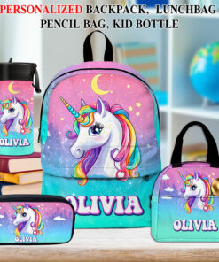 Personalized Unicorn Backpack, Lunch Bag, Pencil Pouch, Back to School Gifts, Custom book bag, Name on School Bag for girls, Gifts for Kids QFND5300502-DX