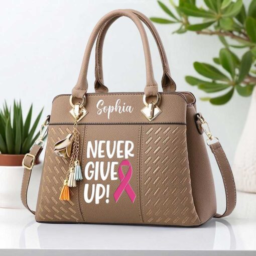 Personalized Breast Cancer PU Leather Deluxe Handbag, Never Give Up Elegant Breast Cancer Handbag NPND5190604 - Image 4