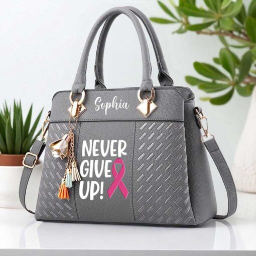 Personalized Breast Cancer PU Leather Deluxe Handbag, Never Give Up Elegant Breast Cancer Handbag NPND5190604 - Image 3