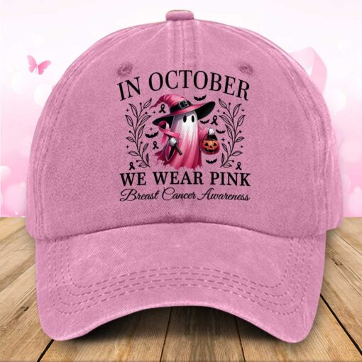 In October We Wear Pink Halloween Ghost Breast Cancer Awareness Demin Hat QFTZ5210601 - Image 2