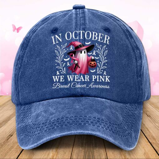 In October We Wear Pink Halloween Ghost Breast Cancer Awareness Demin Hat QFTZ5210601 - Image 3