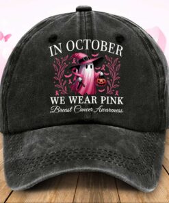 In October We Wear Pink Halloween Ghost Breast Cancer Awareness Demin Hat QFTZ5210601