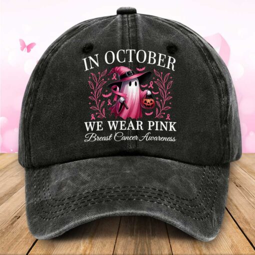In October We Wear Pink Halloween Ghost Breast Cancer Awareness Demin Hat QFTZ5210601