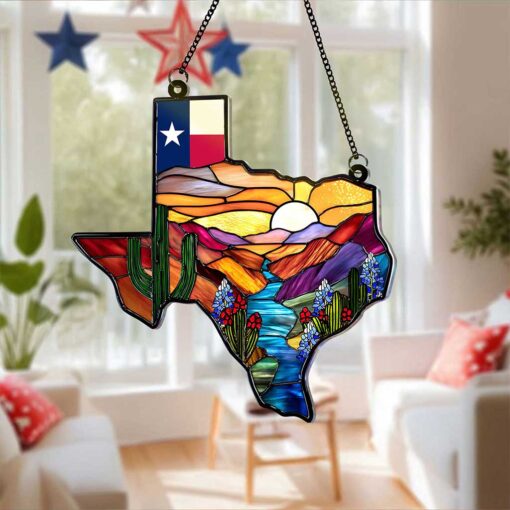 Texas Map Acrylic Suncatcher Window Hanging,Northern Mockingbird And Bluebonnet Home Decor,Texas Decoration,Texas Gift,Souvenir Lover Gift PMTZ5070704