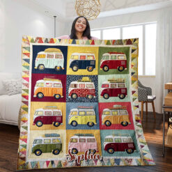 Personalized Camper Van Quilt Blanket, Custom Cotton Throw with Name, Unique Gift for Women Who Love Travel, Road Trips, and Cozy Vintage Style Decor PMHH5070703