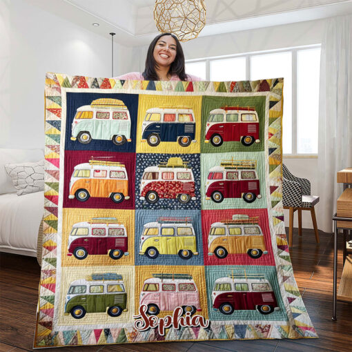 Personalized Camper Van Quilt Blanket, Custom Cotton Throw with Name, Unique Gift for Women Who Love Travel, Road Trips, and Cozy Vintage Style Decor PMHH5070703