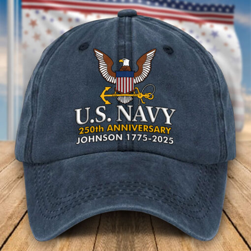 Custom US Navy 250th Anniversary Distressed Washed Cotton Printed Hat, Gift For Veterans UKHA5080701 - Image 2