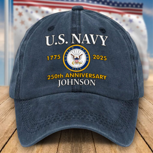 Custom US Navy 250th Anniversary Distressed Washed Cotton Printed Hat, Gift For Veterans UKHA5080702 - Image 2