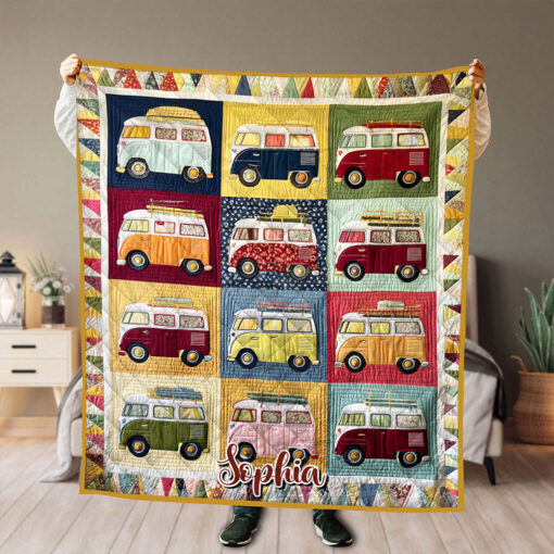 Personalized Camper Van Quilt Blanket, Custom Cotton Throw with Name, Unique Gift for Women Who Love Travel, Road Trips, and Cozy Vintage Style Decor PMHH5070703 - Image 2