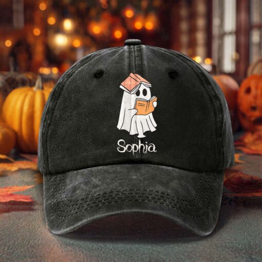 Personalized Ghost Reading Books Distressed Washed Cotton Printed Hat QFTD5020704 - Image 2