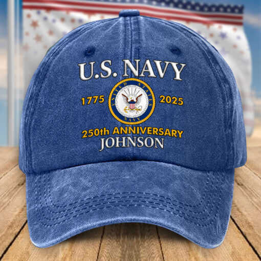 Custom US Navy 250th Anniversary Distressed Washed Cotton Printed Hat, Gift For Veterans UKHA5080702 - Image 3