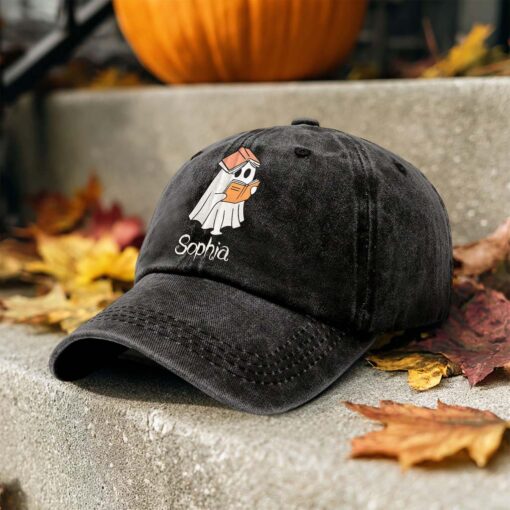 Personalized Ghost Reading Books Distressed Washed Cotton Printed Hat QFTD5020704 - Image 3