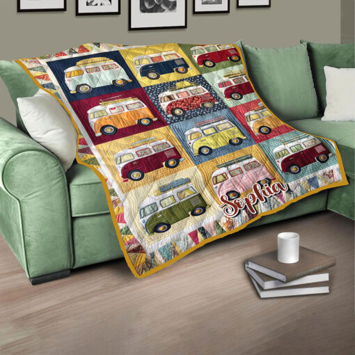 Personalized Camper Van Quilt Blanket, Custom Cotton Throw with Name, Unique Gift for Women Who Love Travel, Road Trips, and Cozy Vintage Style Decor PMHH5070703 - Image 3