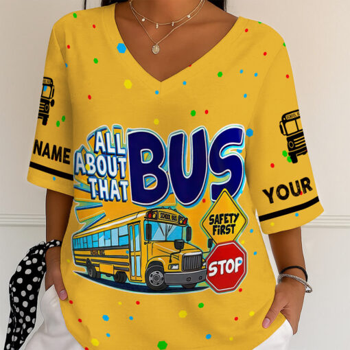 Personalized School Bus Driver V Neck Shirt, Back to School Gift, School Bus Driver Tee NPNT5240702 - Image 2
