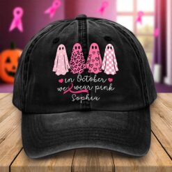Custom Breast Cancer Distressed Washed Cotton Printed Hat , In October We Wear Pink Ghost Hat, Cancer Support Hat, Cancer Awareness Shirt, Cancer Fighter Gifts UKND5180805